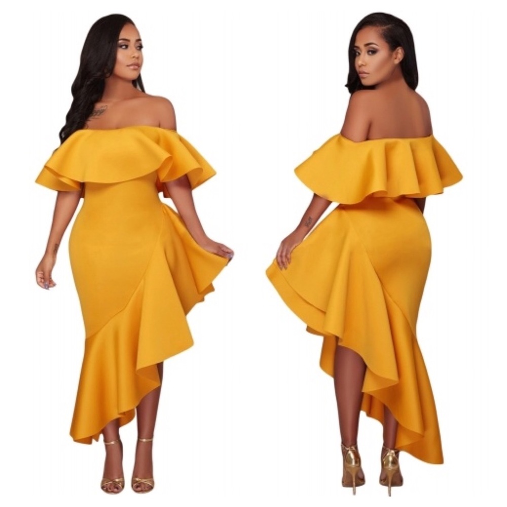 Yellow Asymmetric Ruffle Off Shoulder Party Dress